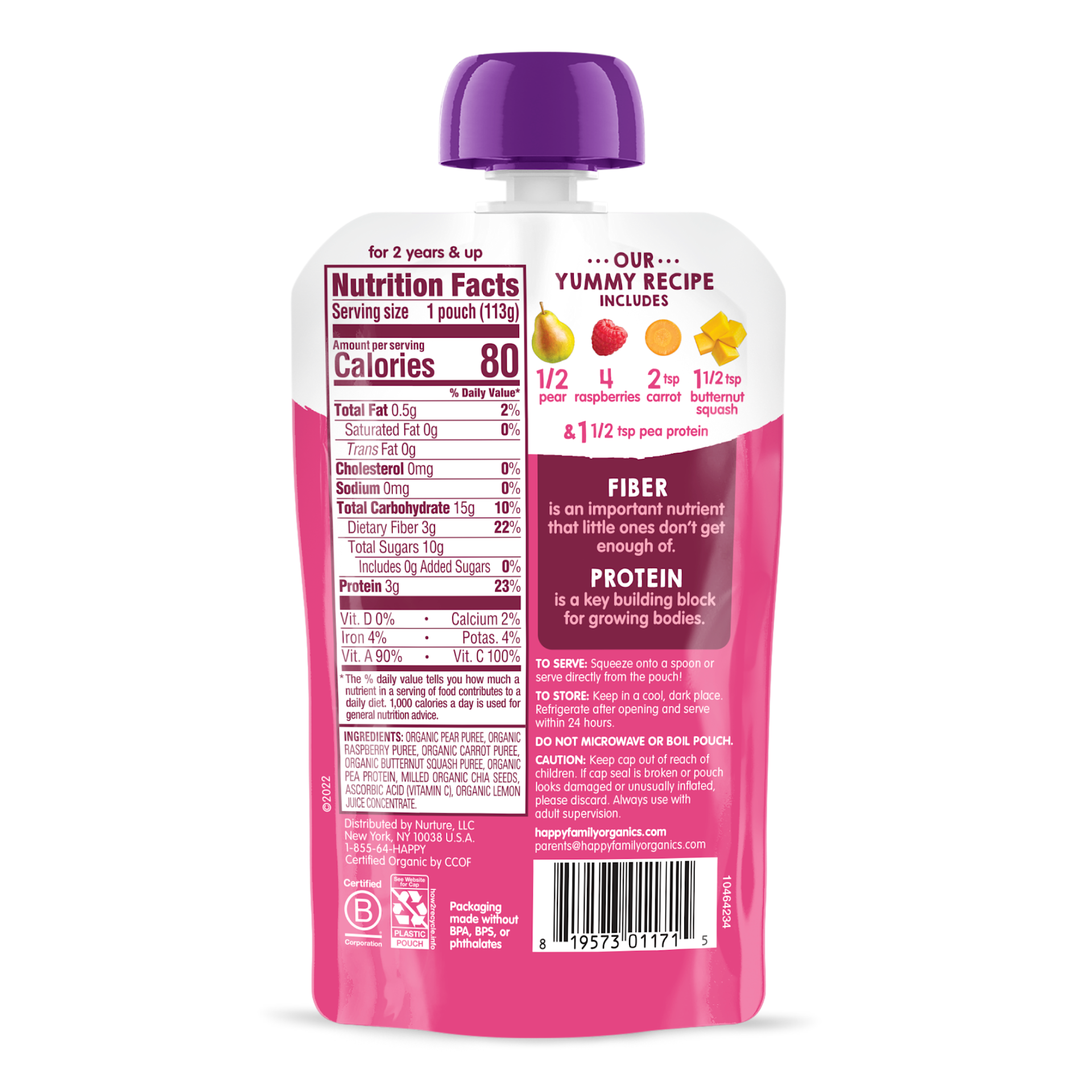 Organic Fiber & Protein Fruit, Veggies Puree Pouch for Toddlers