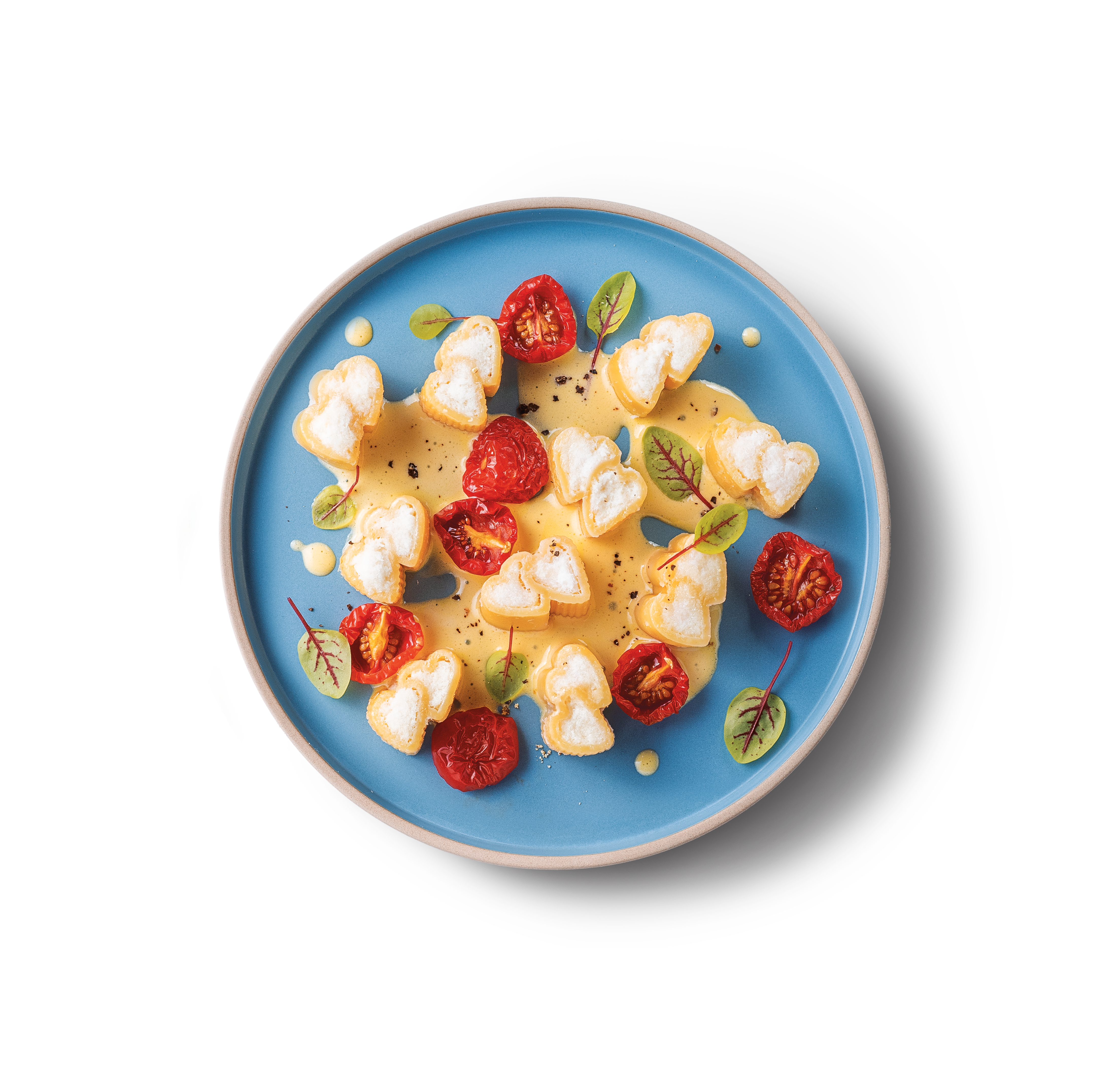 Cuori Barilla with cream of cod and chambagione salt with tomato confit
