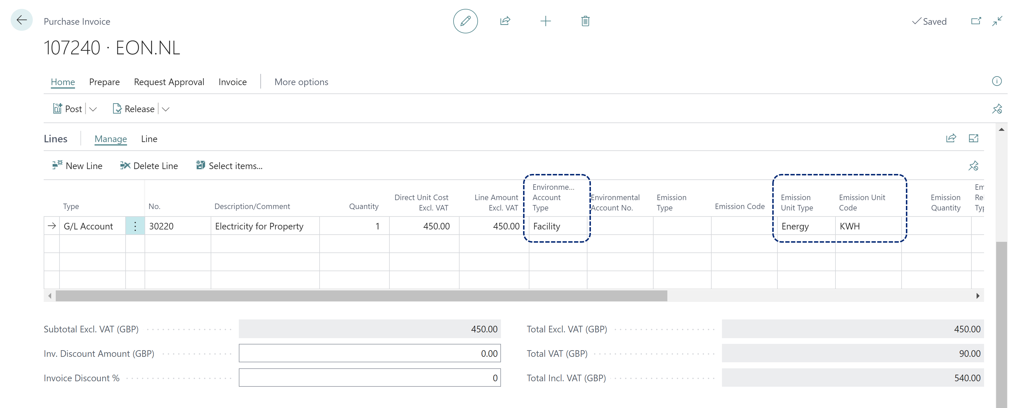 Purchase Invoice G L Acc populates Emissions details