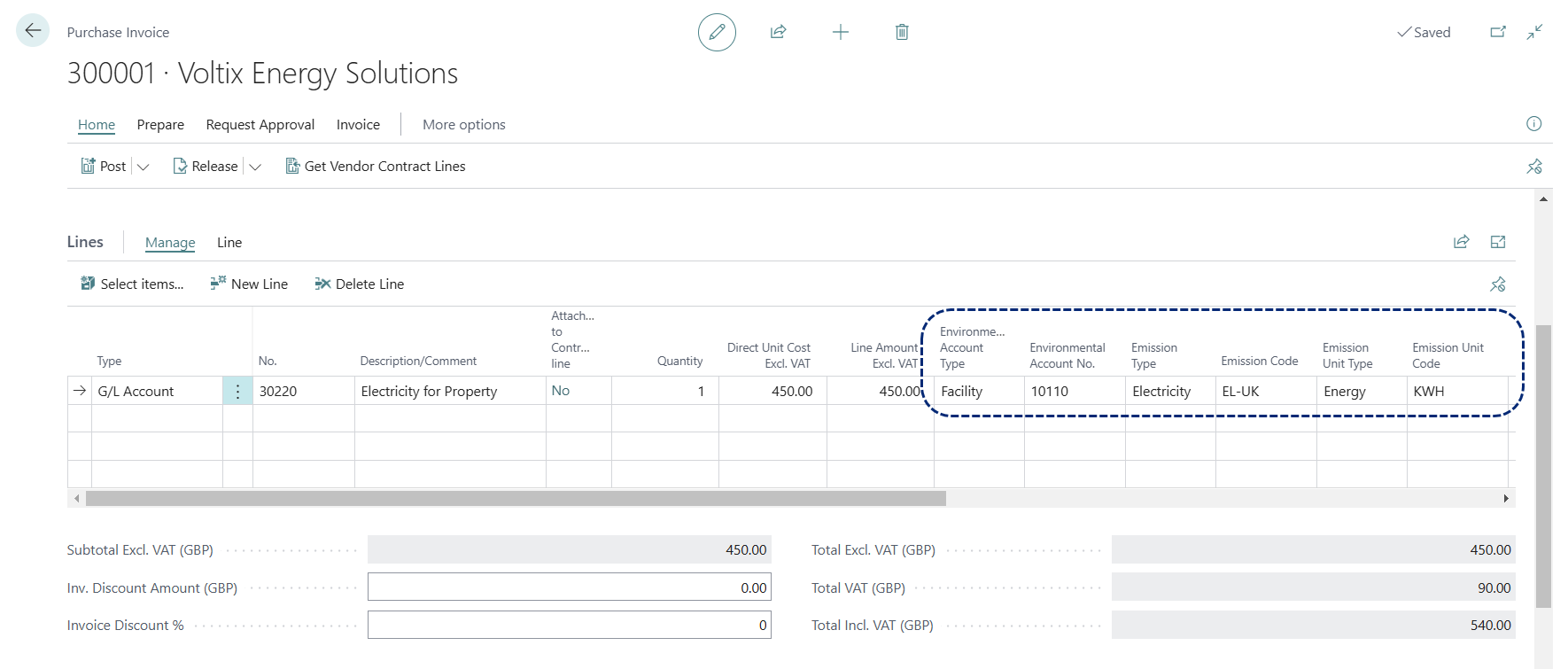 Purchase Invoice G L Acc populates Emissions details