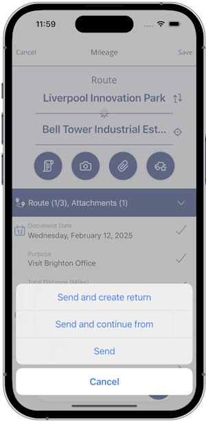 Mobile app Submit send create return continue from