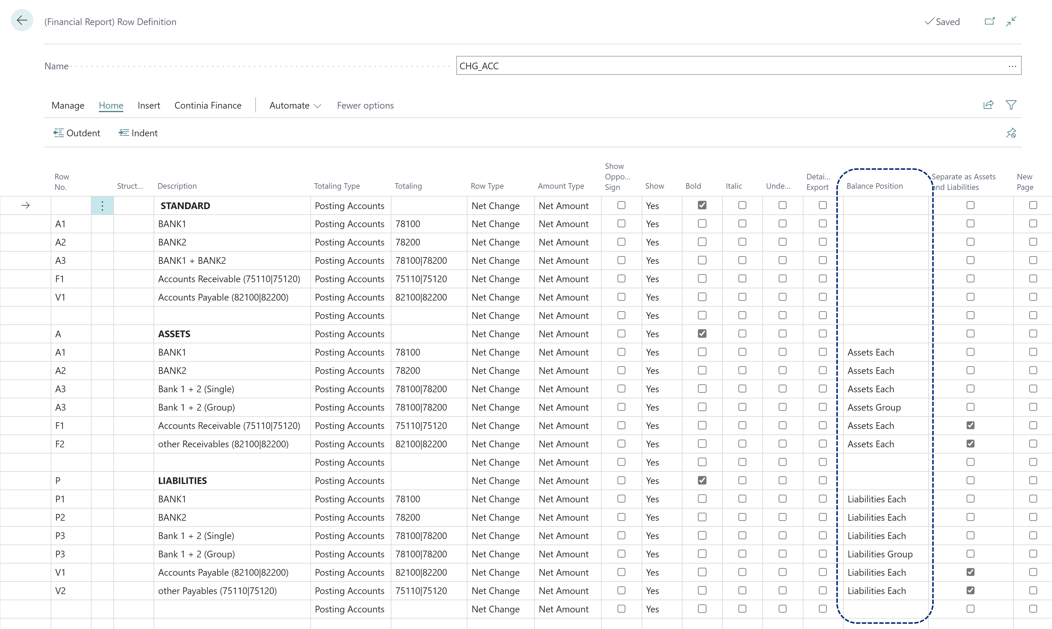 Financial Report Row Definition Balance Position field