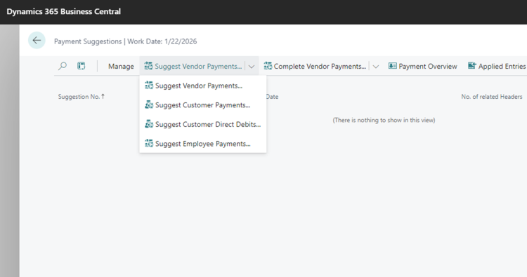 CB Payment Suggestions page Suggest payment drop down