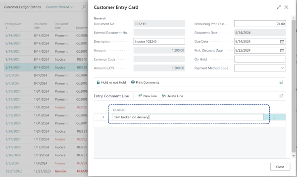 Customer Ledger Entries Ledger Entry Comment Line