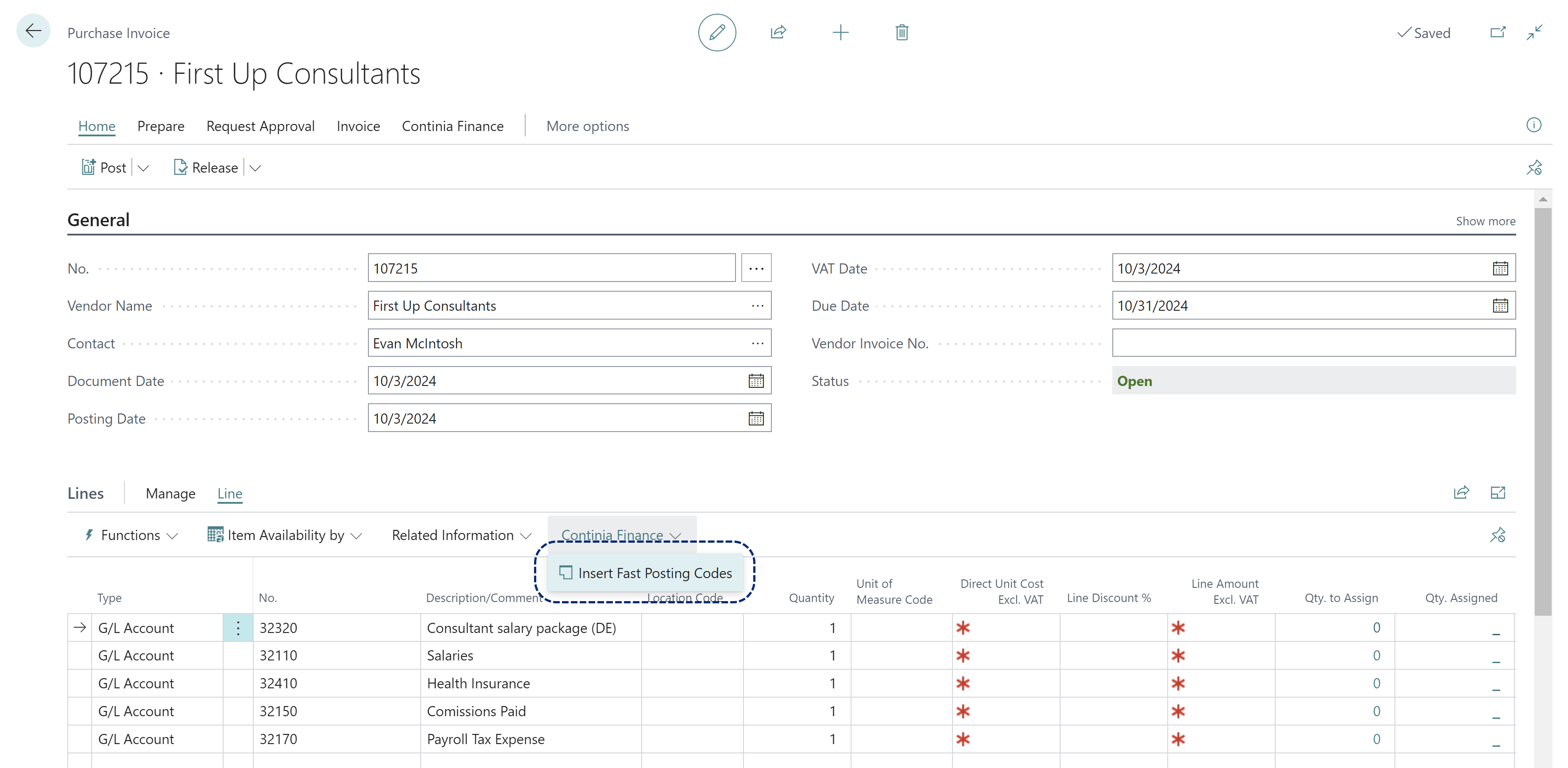 Purchase Invoice Insert Fast Posting Codes action