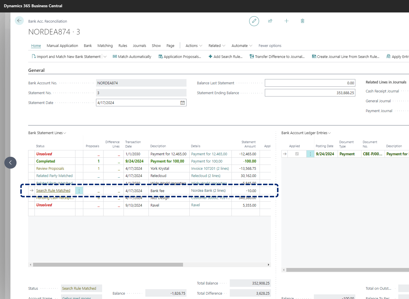 CB Bank account reconciliation Search rule matched