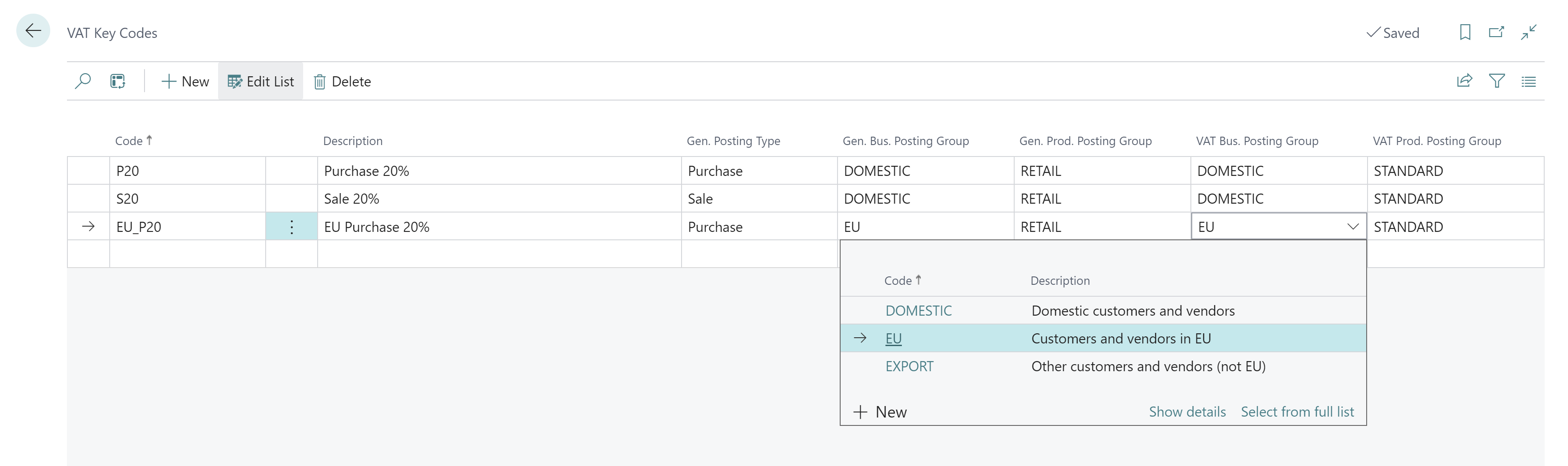 VAT Key Codes Multiple lines