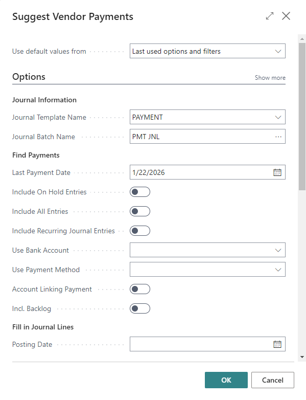 CB Suggest vendor payments window