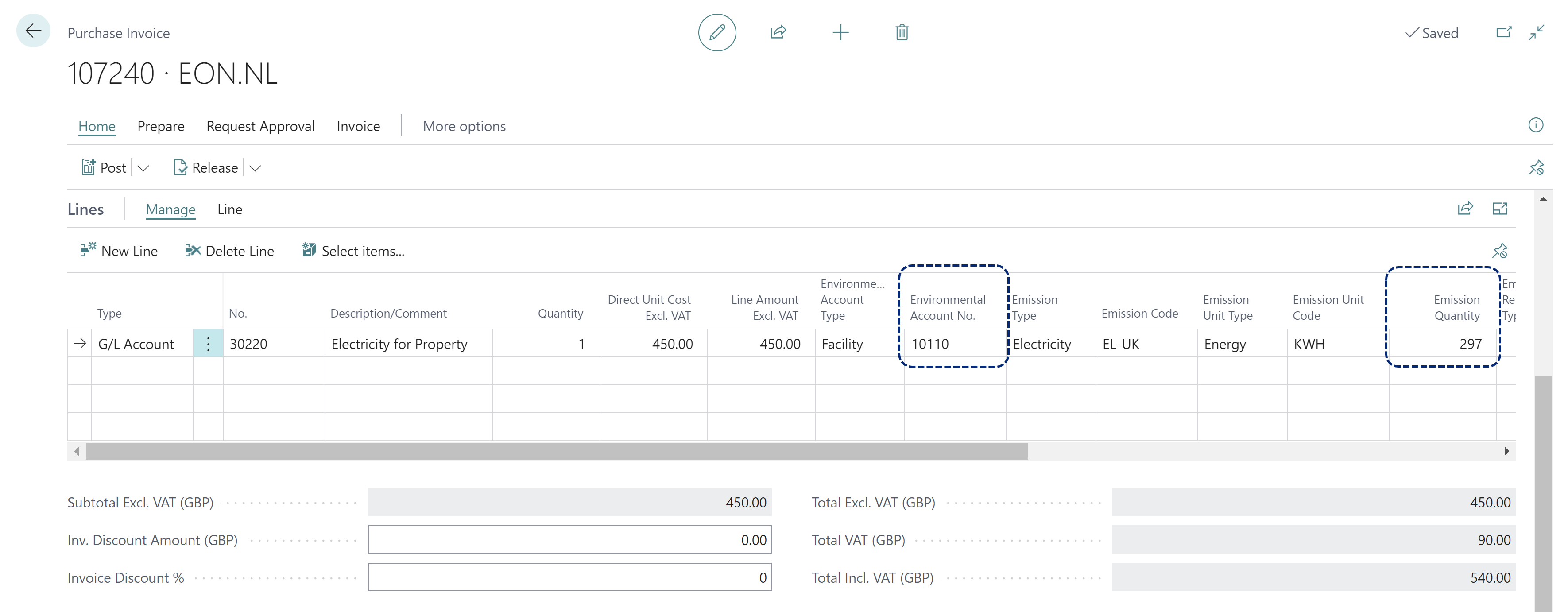 Purchase Invoice Enviro Account No Emission Quantity