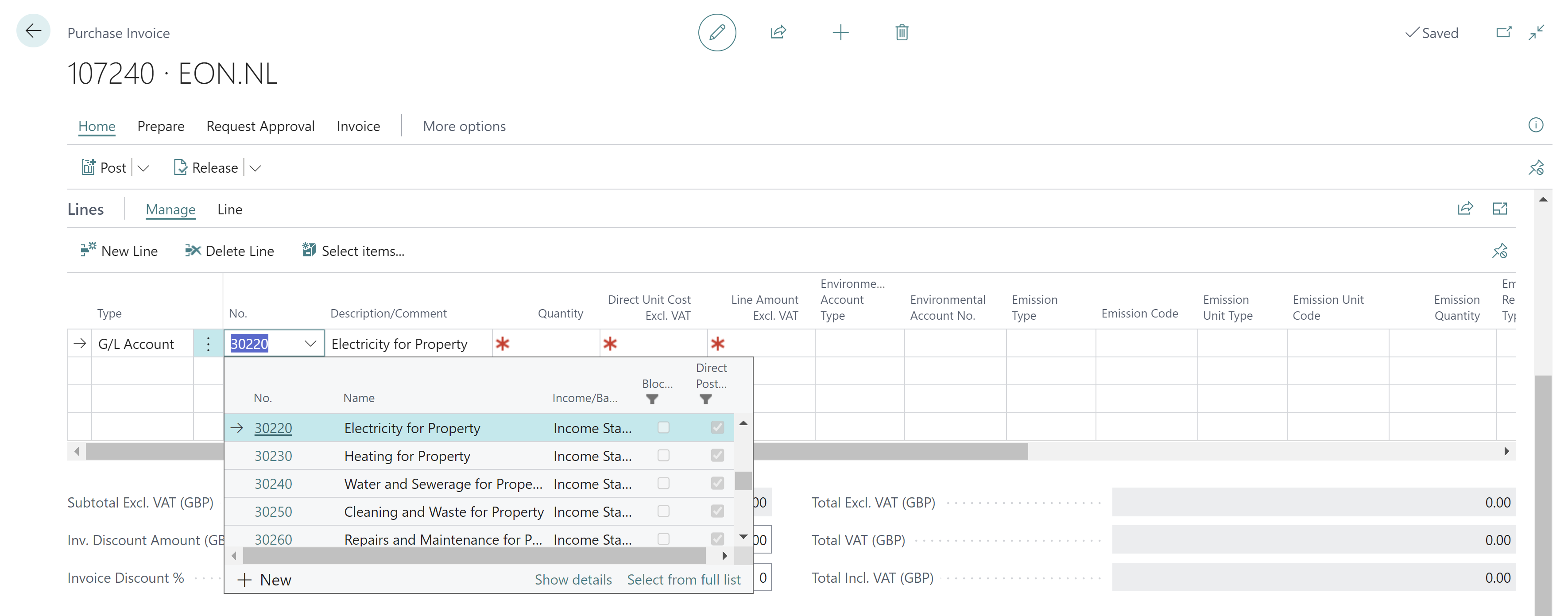 Purchase Invoice G L Account Show details action