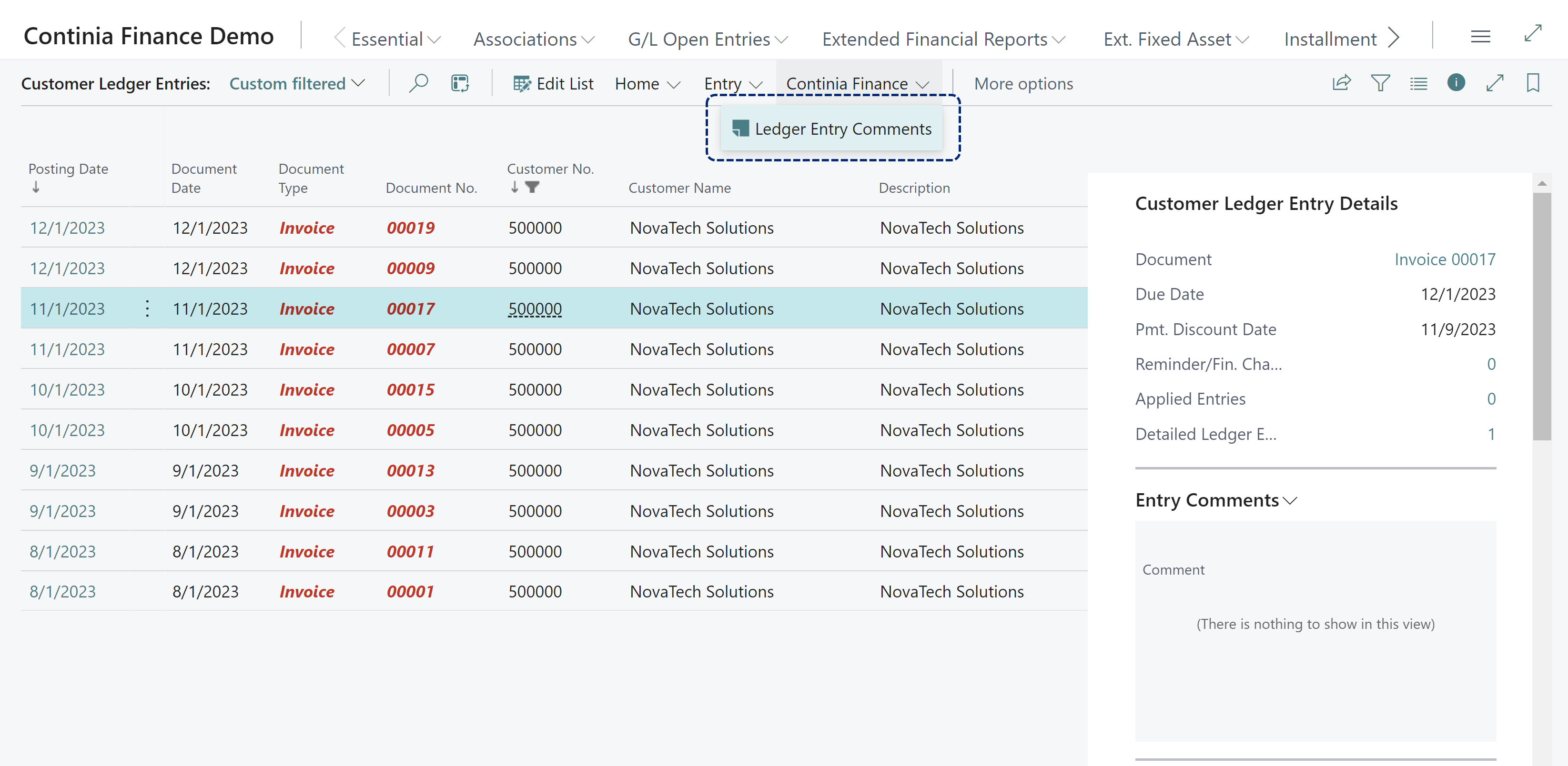 Customer Ledger Entries Ledger Entry Comments action