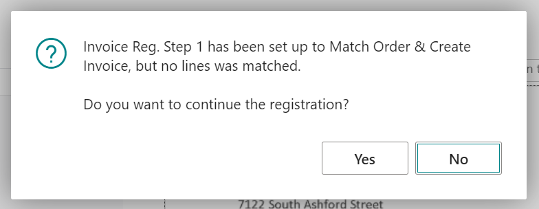 Dialog box to confirm registration of unmatched invoice