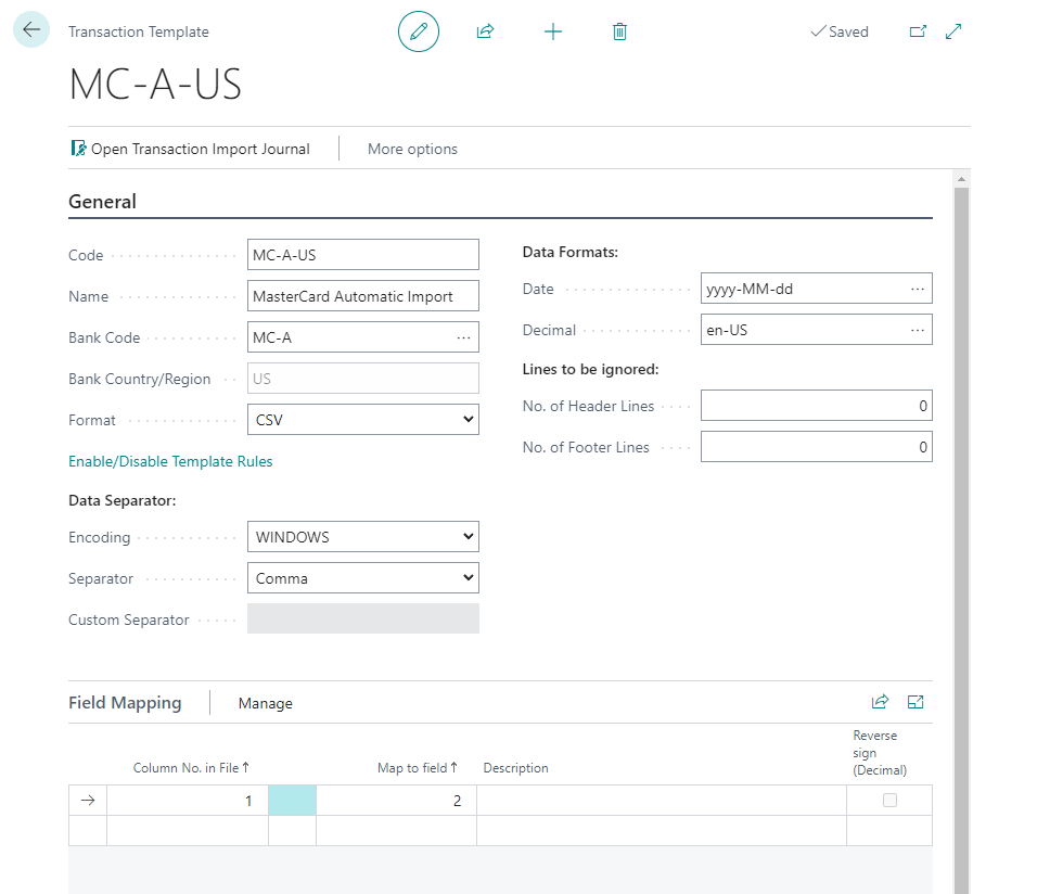 Transaction template card