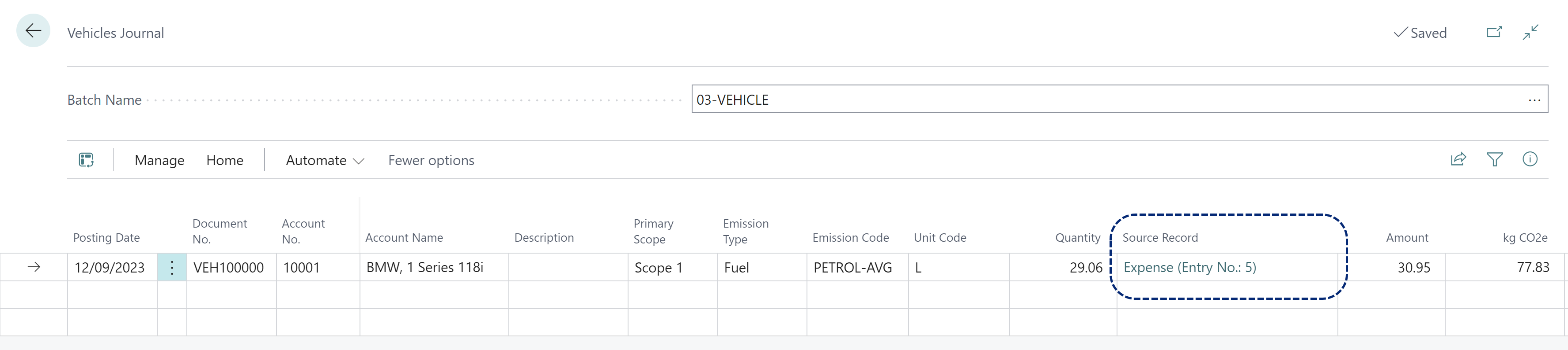 Vehicles journal Expense entry data imported