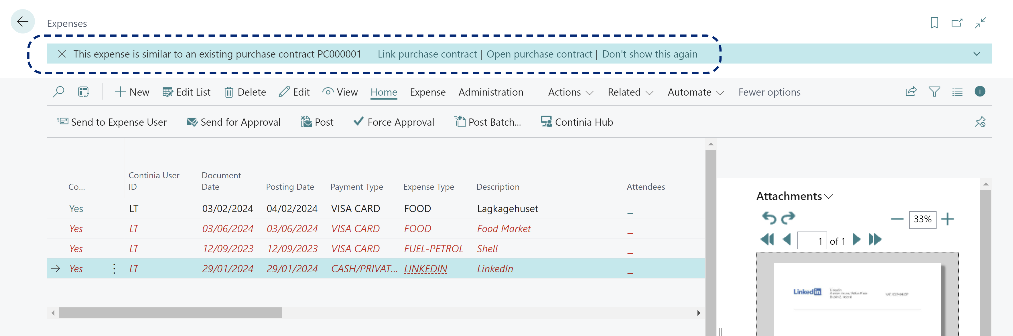 EM Purchase Contracts Module-1-Expenses Link Open purchase contract notification