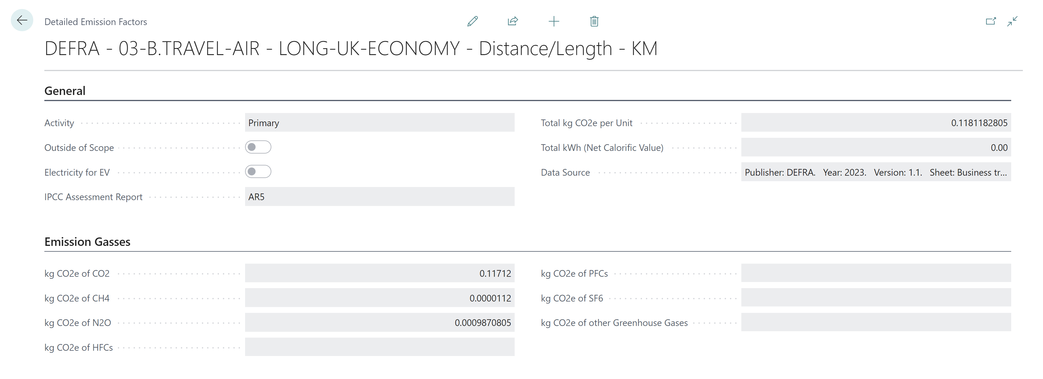 Detailed Emission Factors DEFRA Long flight example