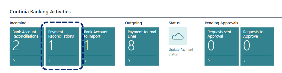 CB Role center banking activities payment reconciliations journal Cue