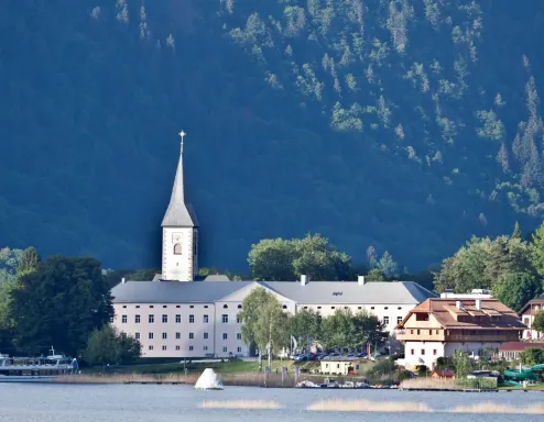 Ossiach boat harbour church