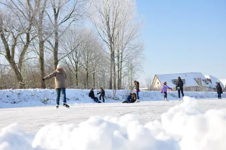 Stock Skating Kinder Böschung Bäume Haus Schnee