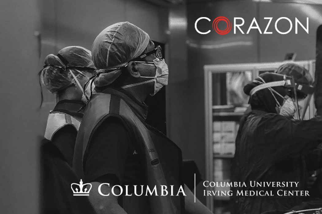 black and white photo of surgeons wearing PPE overlayed with the logos of Corazon and Columbia HeartSource