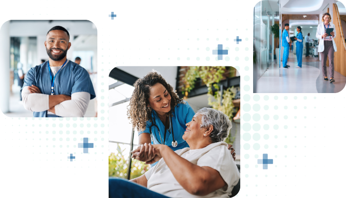 A compilation of images showing healthcare professions with patients, smiling and walking down a busy, clean brightly lit hospital corridor