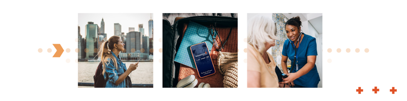 Graphic showing a grouping of photos - A woman holding her mobile phone as she walks along the shores o Manhattan, a mobile phone sitting inside an open suitcase with the screen showing the Ingenovis Health Mobile App home screen, a black woman in scrubs taking a elderly patient's blood pressure