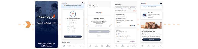 Graphic showing images from the Ingenovis Health Mobile App - The home screen, profile progress page, upload a resume function, filtered job search and benefits information page