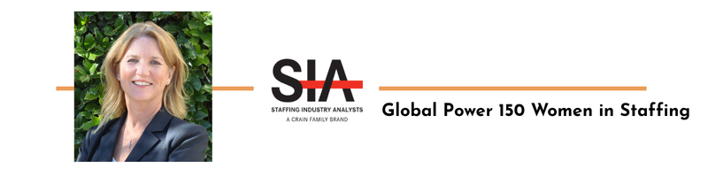 Graphic with text "Jan Ross, Chief Information Officer Global Power 150 Women in Staffing" alongside the Staffing Industry Analysts logo and a headshot of a professional woman with shoulder-length blonde hair wearing a black blazer