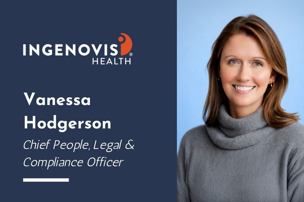 Text reading, " Vanessa Hodgerson, Chief People, Legal & Compliance Officer" alongside the Ingenovis Health logo and a headshot of a professional woman with shoulder-length hair in a soft grey sweater against a blue backdrop