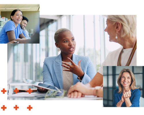 A collage of three photos showing healthcare professionals in a variety of settings: a young woman in blue scrubs with dark hair smiles across a meeting, a young black woman in a blazer talks seriously with an older colleague, a middle aged woman smiles into the camera