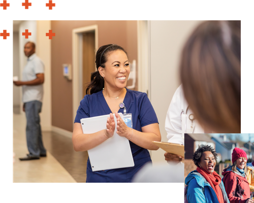 A collage of two photos showing healthcare professionals in a variety of settings: an asian nurse in navy blue scrubs claps during rounds with her teammates, two older women talk and laugh outside wearing scarves and hats