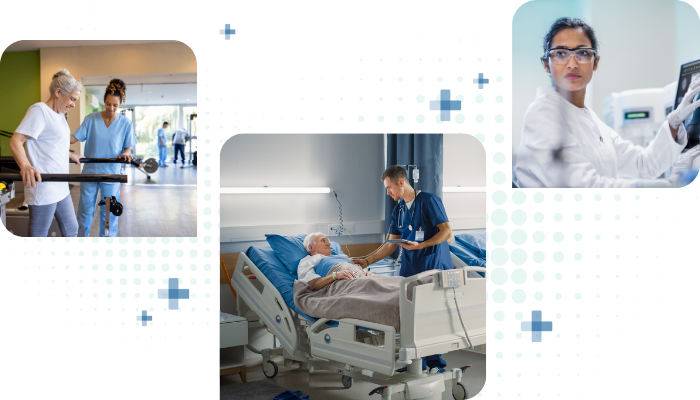 A collage of three images of healthcare professionals working in various types of settings: a physical therapist assisting a patient to walk, a nurse greeting an elderly patient at the hospital bedside, a female laboratory tech running samples in the lab