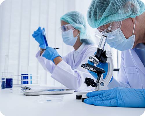 A specimen processor examines a sample through a microscope