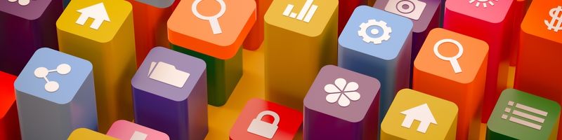Illustration of a colorful stack of a wide range of 3D mobile app icons