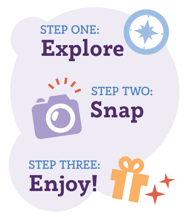 A graphic reading, "Step one: Explore" (compass icon) "Step two: Snap" (camera icon) "Step three: Enjoy!" (present icon) over a purple background