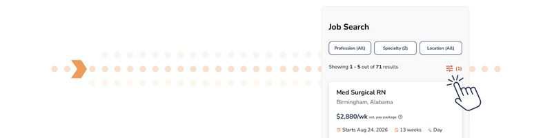 Graphic showing a screenshot from the Ingenovis Health Mobile App filtered job search with a Medical Surgical RN job showing on the screen