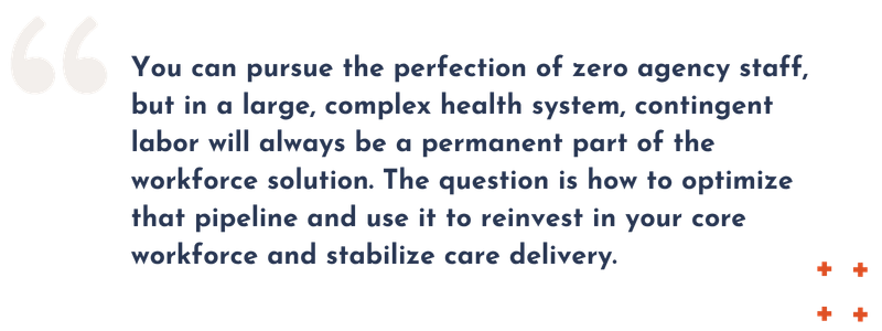 "You can pursue the perfection of zero agency staff, but in a large, complex health system, contingent labor will always be a permanent part of the workforce solution," Mr. Dindia said. "The question is how to optimize that pipeline and use it to reinvest in your core workforce and stabilize care delivery."