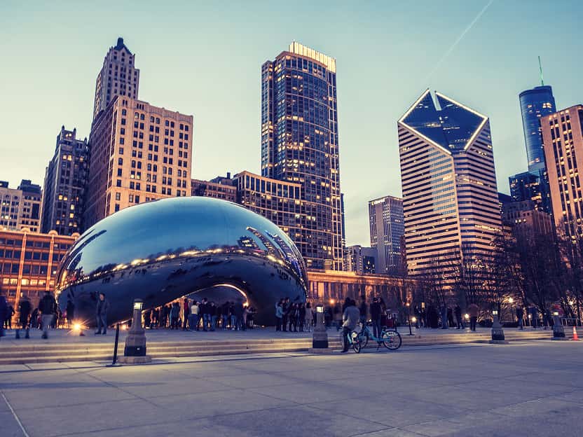 Image showing the Chicago skyline behind the famous "Chicago Bean," sculpture in Millennium Park.