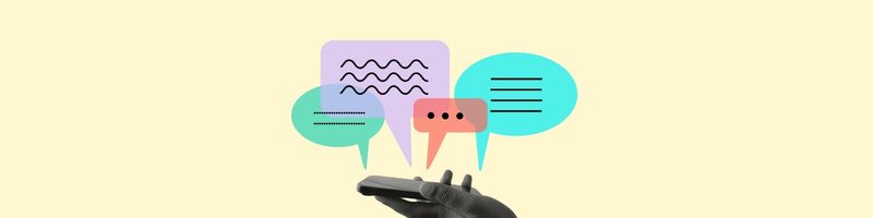 Illustration showing a hand holding a mobile phone with graphic speech bubbles rising from the phone over a yellow background, indicating chatter and feedback about mobile healthcare apps