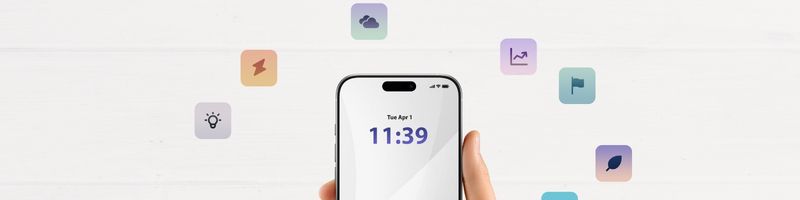 Illustration of a hand holding a mobile phone in the center surrounding by colorful floating app icons