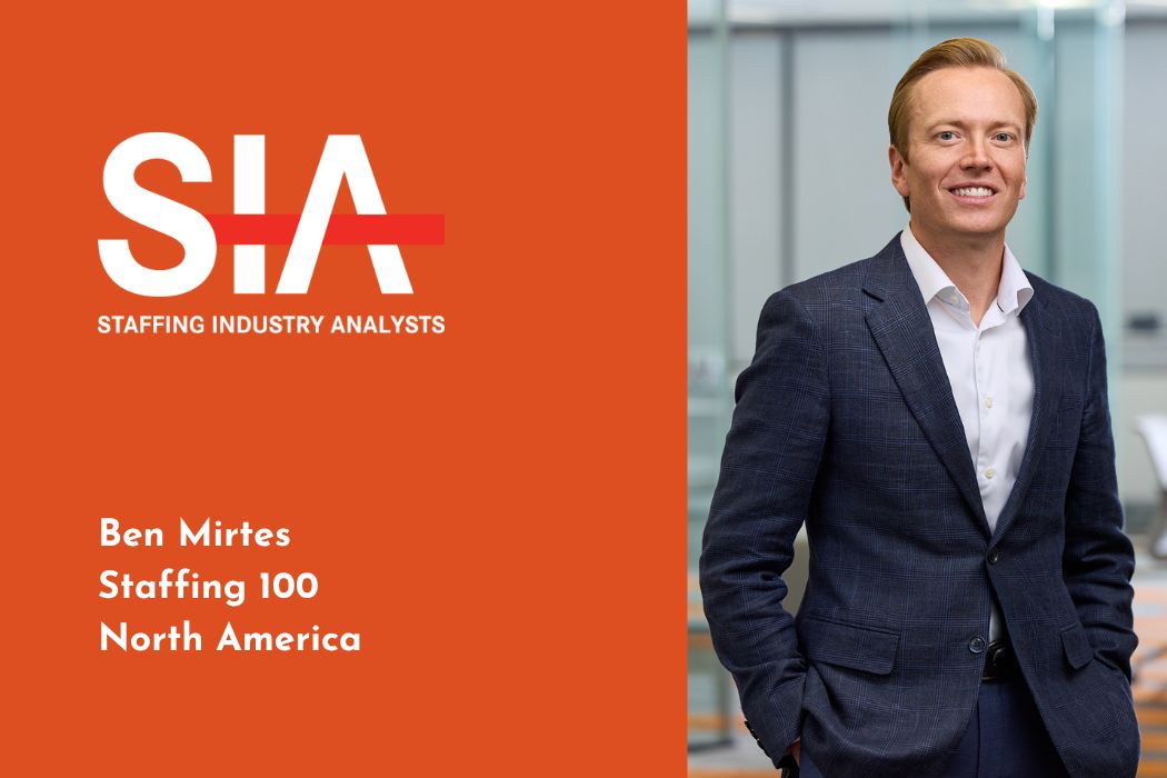Image of Ingenovis Health CEO Ben Mirtes in a blue suit, next to graphics of the Staffing Industry Analysts logo and text saying, Ben Mirtes, Staffing 100 North America"