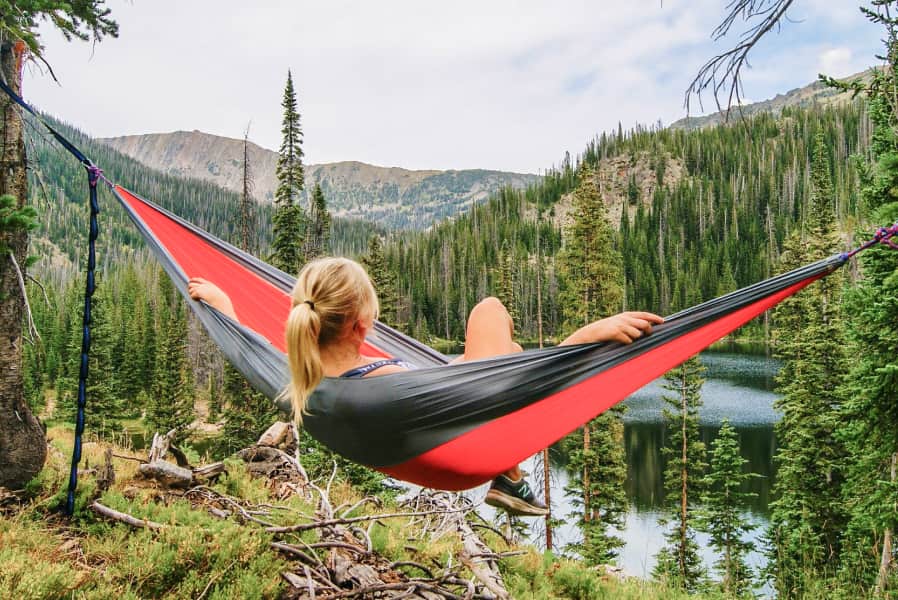 Trustaff Traveler on a hammock at a lake