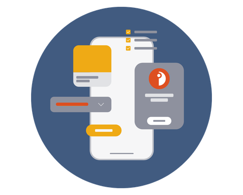 A bold graphic showing a stylized cellphone overlayed with a variety of screens, apps and checklists