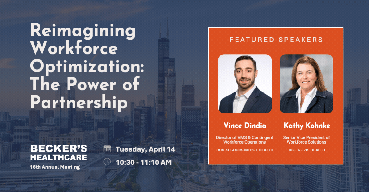 An animated graphic advertising an upcoming speaker session at the Becker's Healthcare conference. "Reimagining Workforce Optimization: The Power of Partnership" featuring speakers Vince Dindia of Bon Secours Mercy Health and Kathy Kohnke of Ingenovis Health.
