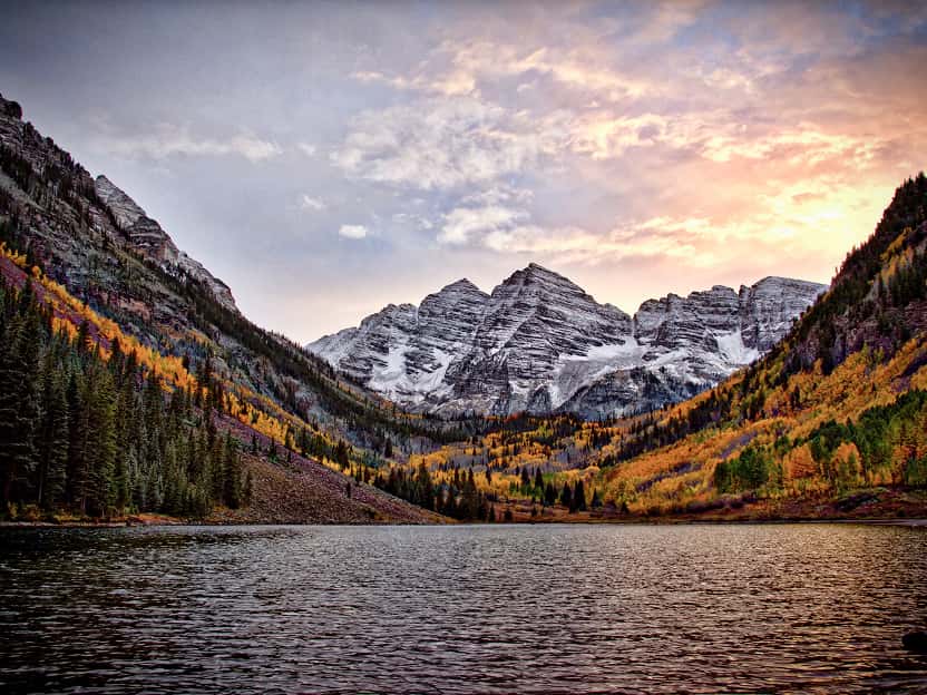Image showing snow-covered peaks of the icon Maroon Bells the Rocky Mountains in Colorado.