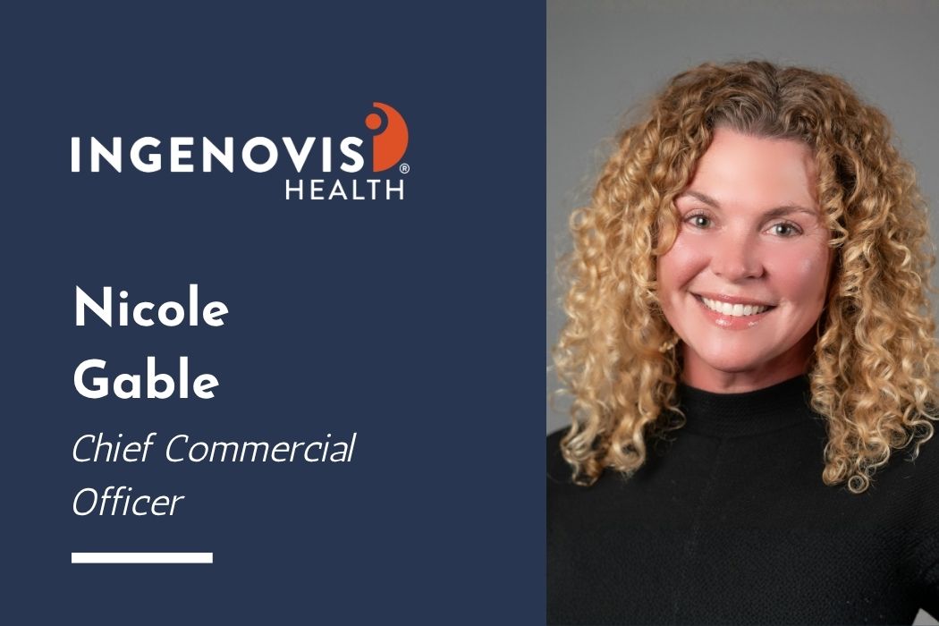 Graphic showing the headshot of a smiling woman with curly hair in a black blouse, Nicole Gable Chief Commercial Officer of Ingenovis Health