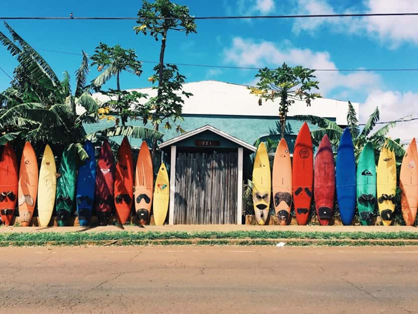 Image showing a colorful surfboards leaning against a fence on a beach in Hawaii. 