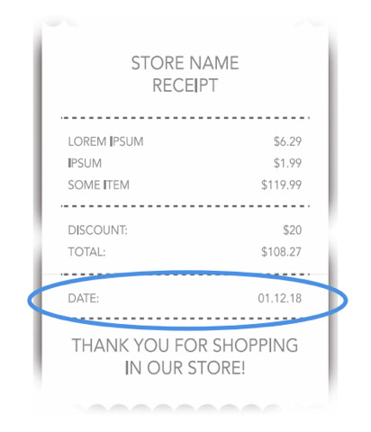 receipt image with date of purchase indicated