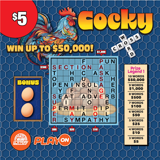 COCKY-ENCOUNTERS CROSSWORD instant game from West Virginia Lottery