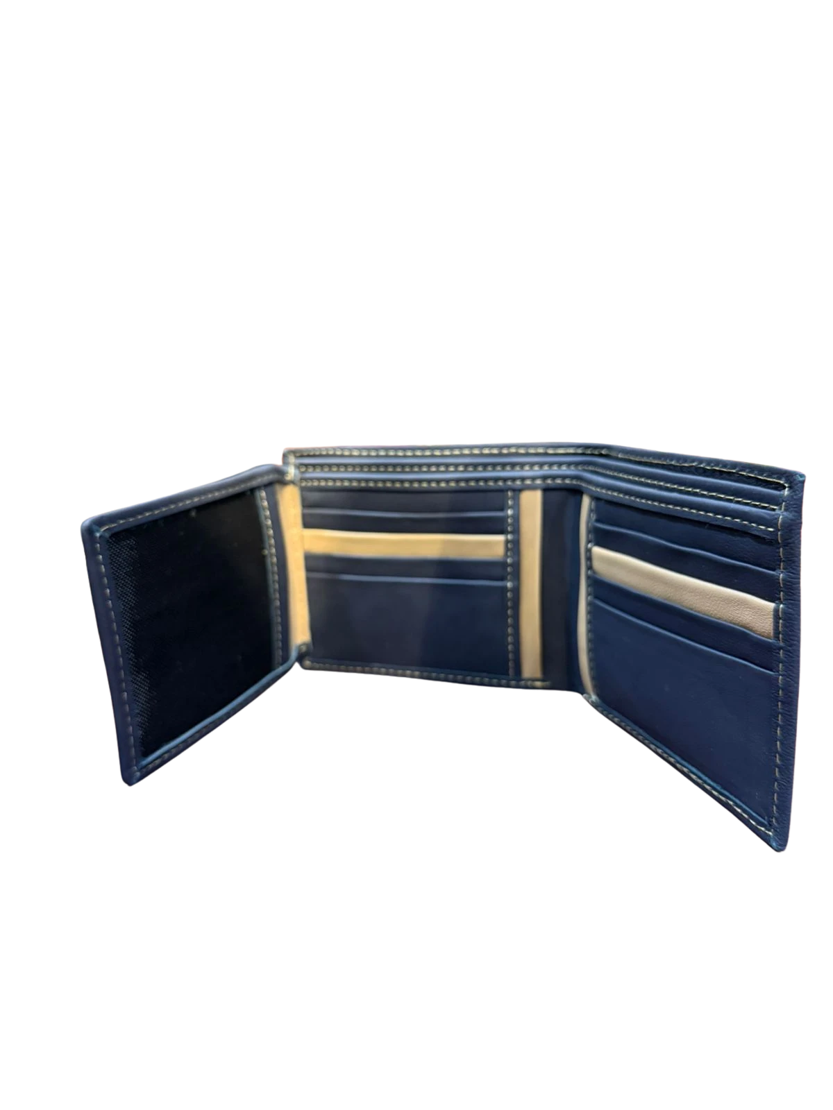 Men’s Genuine Leather Trifold Wallet – Slim Navy & Tan Design with ID Window